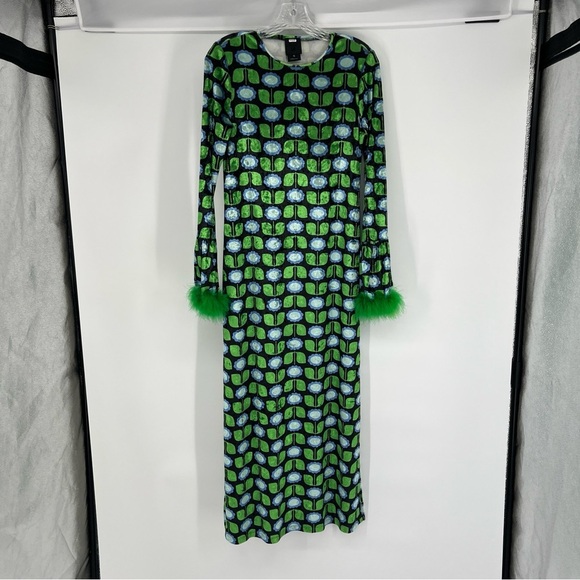 Anna Sui Green Floral Velvet Feather Cuff Abstract Pop Art Festival Maxi Dress S - Picture 2 of 8